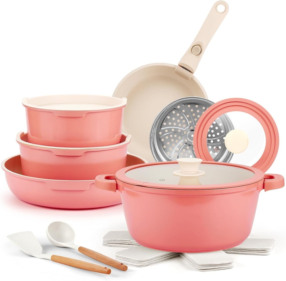 Ceramic Cookware Set, 8-Piece Detachable Handle Nonstick Cookware Set，Pink