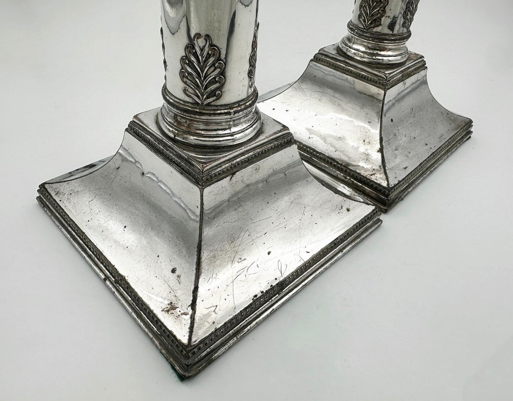 PAIR GEORGE III COLUMN CANDLESTICKS OLD SHEFFIELD PLATE c1780