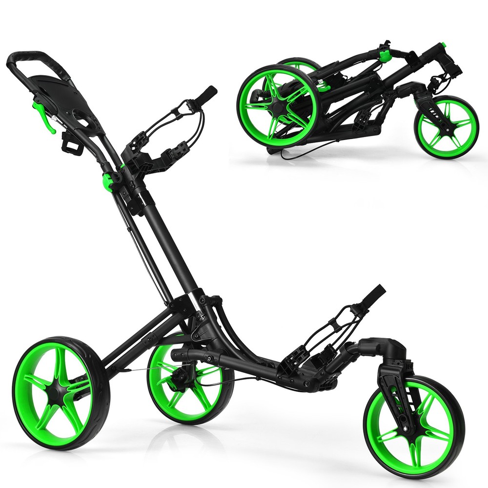 3 Wheels Foldable Golf Push Pull Cart Trolley w/ Adjustable Handle Brake Green