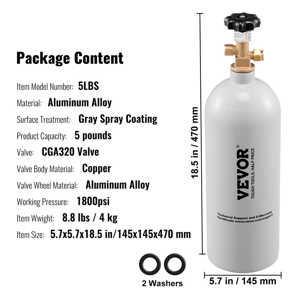VEVOR 5 Lbs CO2 Tank Aluminum Gas Cylinder with CGA320 Valve For Draft Soda Beer