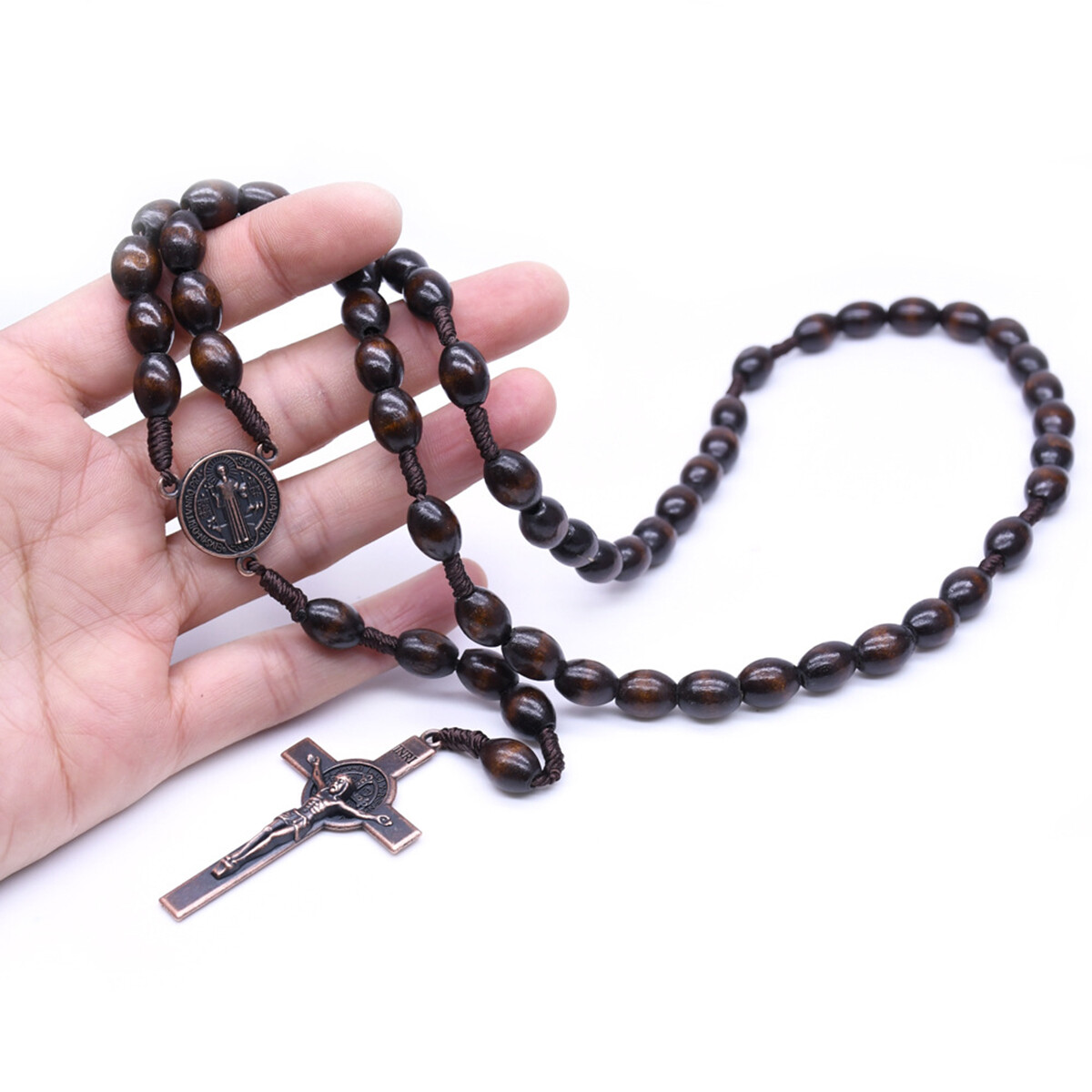 Saint St Benedict Wood Beads Rosary Prayer Crucifix Cross Jerusalem Deep Brown