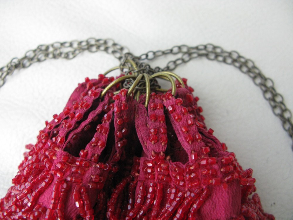 Antique Fringed Candy Apple Red Bead Drawstring Flapper Purse