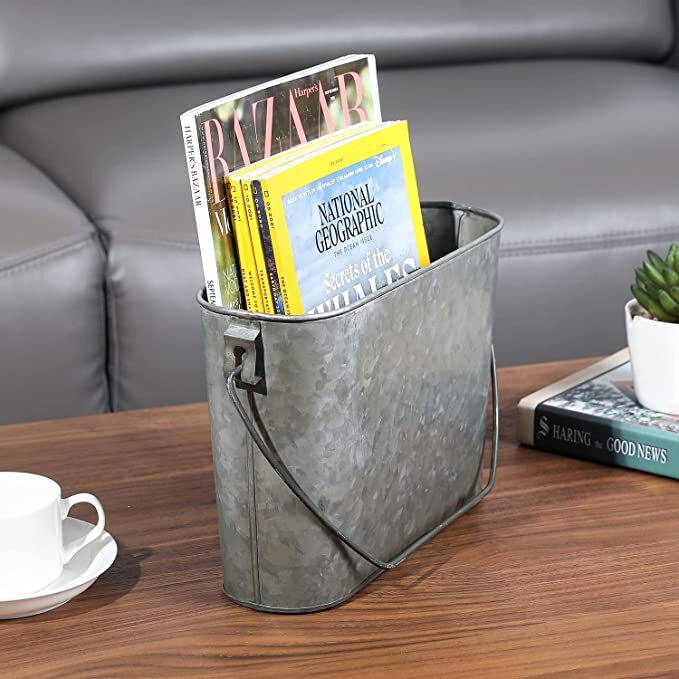 Rustic Tin Hanging Storage Bin, Galvanized Metal Bathroom Magazine Holder