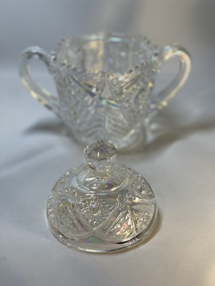 Valtec Pattern Sugar And Creamer Iridescent Clear Glass Lusterware L.E. Smith