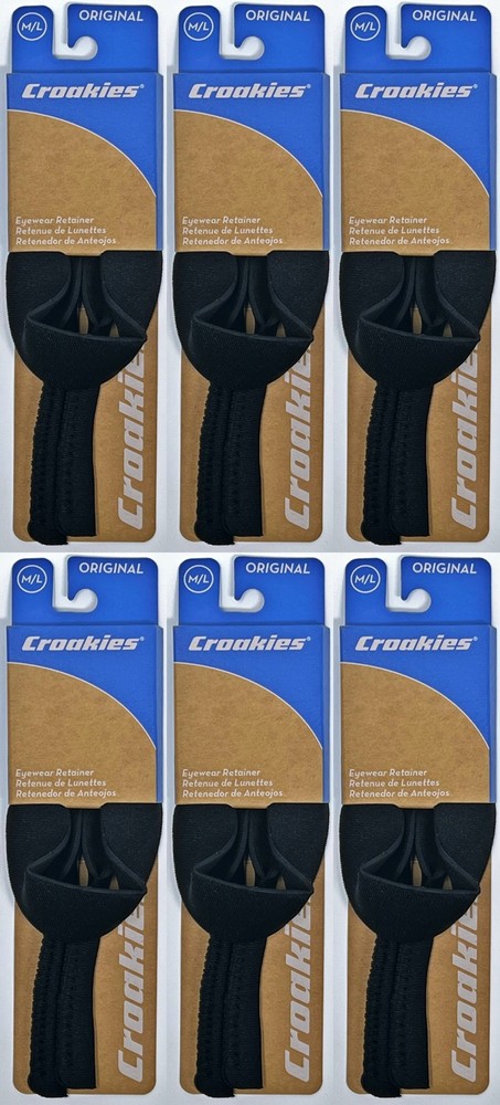 Croakies Original Solid Eyewear Retainer, M/L 11-17mm - Black (6-Pack)