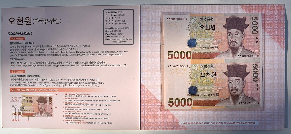 SOUTH KOREA  5000  Won  2006  UNC  Uncut pair in folder!