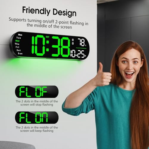 Digital Wall Clock, 13" Large Display Digital Clock with Remote Control, Green