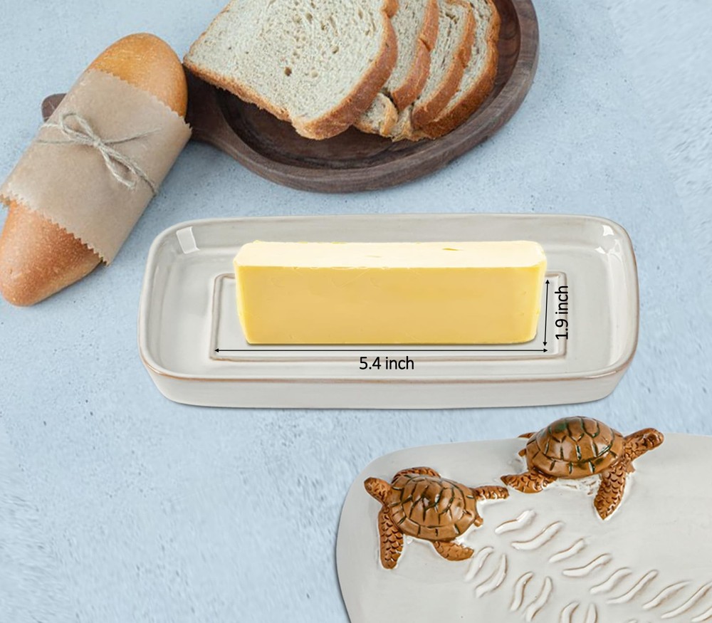 Turtle Stylish Ceramic Butter Dish Covered with Lid and Handle - Modern Count...