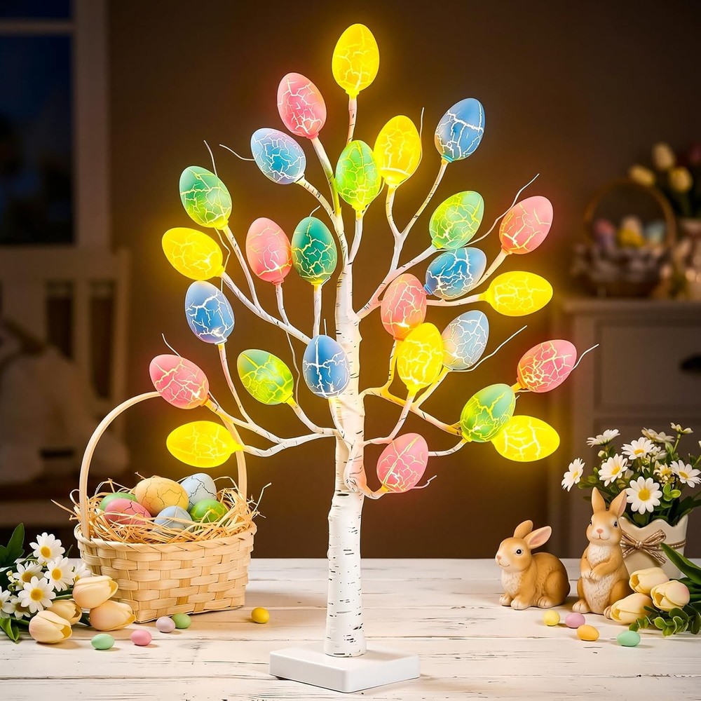 Easter Decorations - 2 FT Artificial Birch Tree with 24 Warm Led Light Colorful