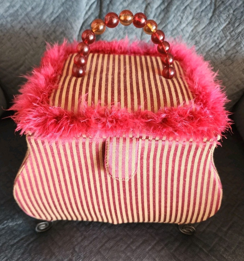 Funky Ecclectic Handbag Shaped Sewing Storage Trunk Red Footed Beaded Handle