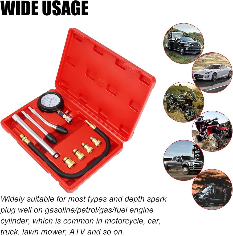 Professional Engine Compression Tester Gauge Kit with Universal Adapters - 9PCS