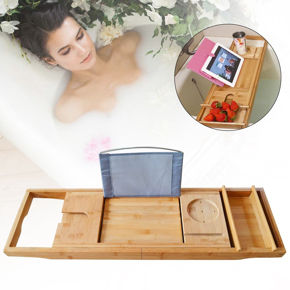 Bamboo Bath Tray Table - Adjustable Caddy with Multifunctional Groove
