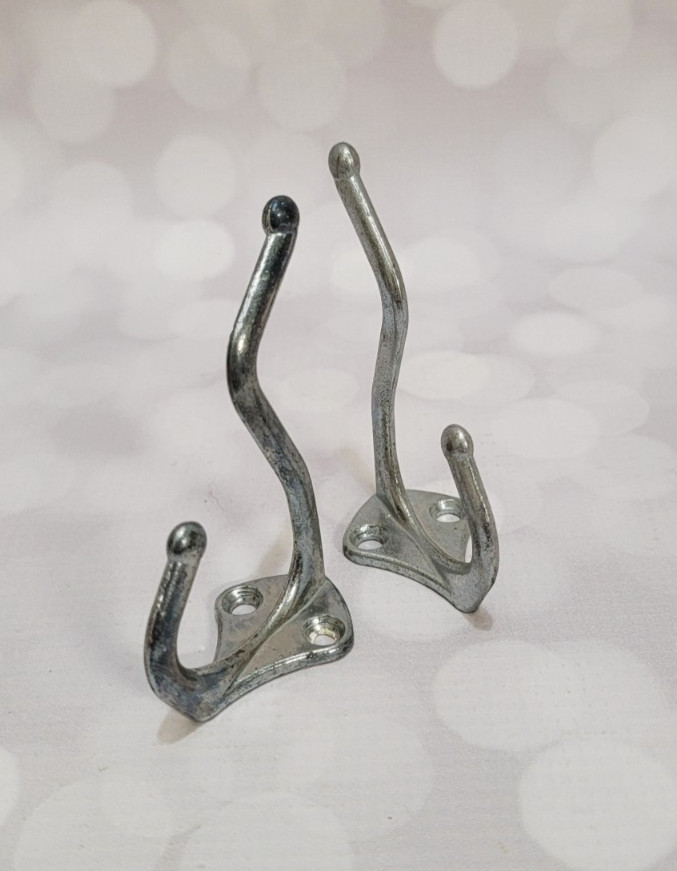 Vintage Silver Metal Double Wall Hooks Pair Matching