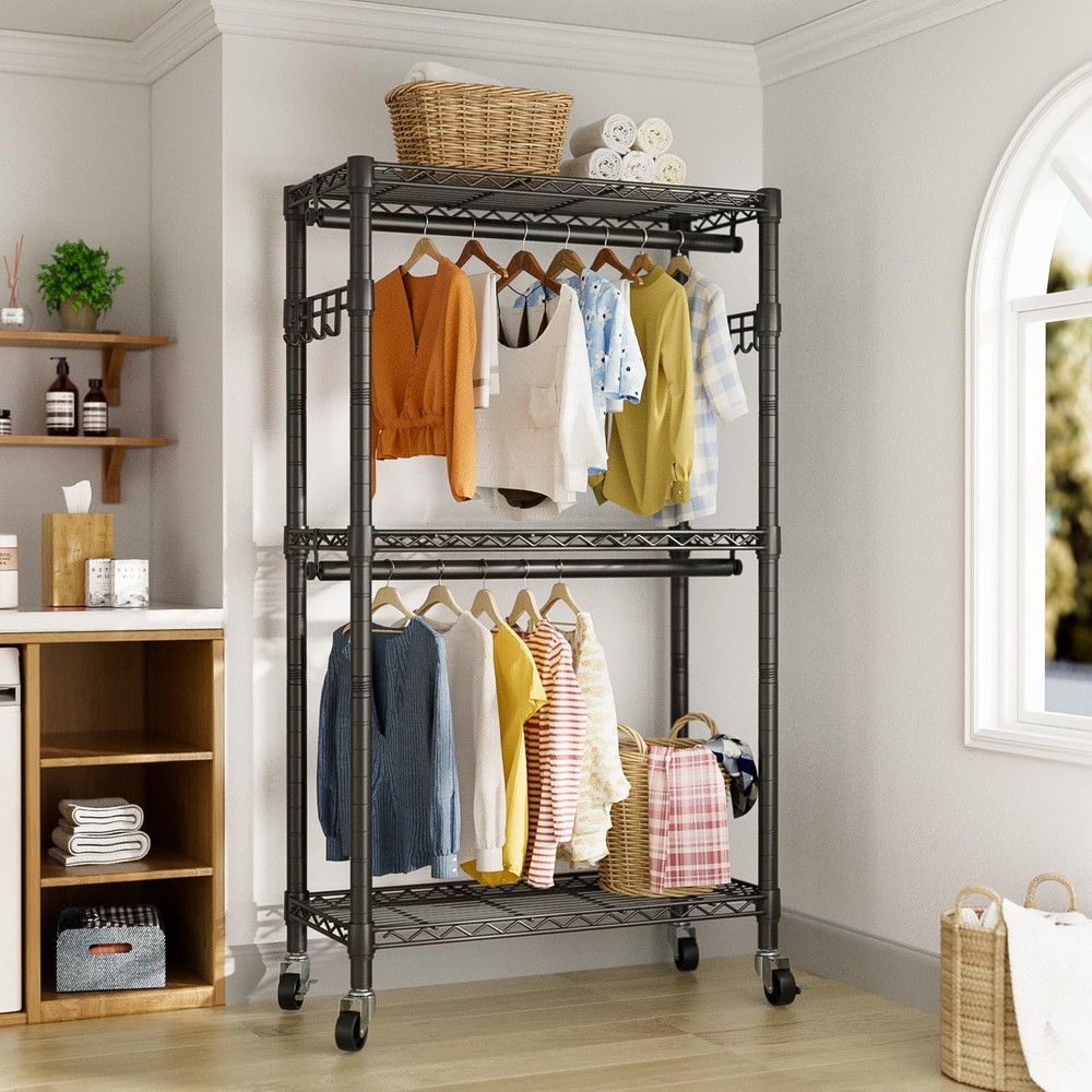 Heavy Duty Clothes Rack Rolling Garment Rack,3 Tier Adjustable Wire Shelving ...