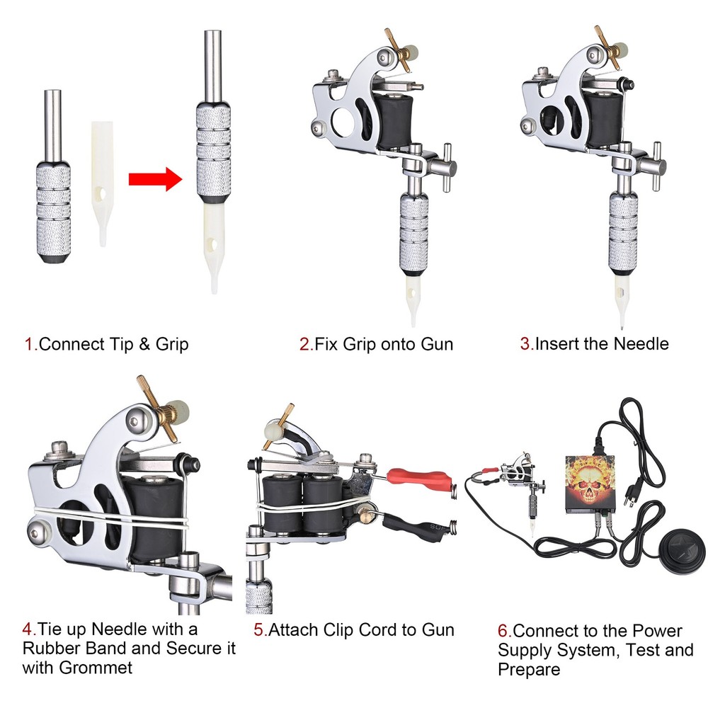 Complete Tattoo Beginner Kit 4 Machine Gun 40 Inks Needle Grip Power Supply Tip