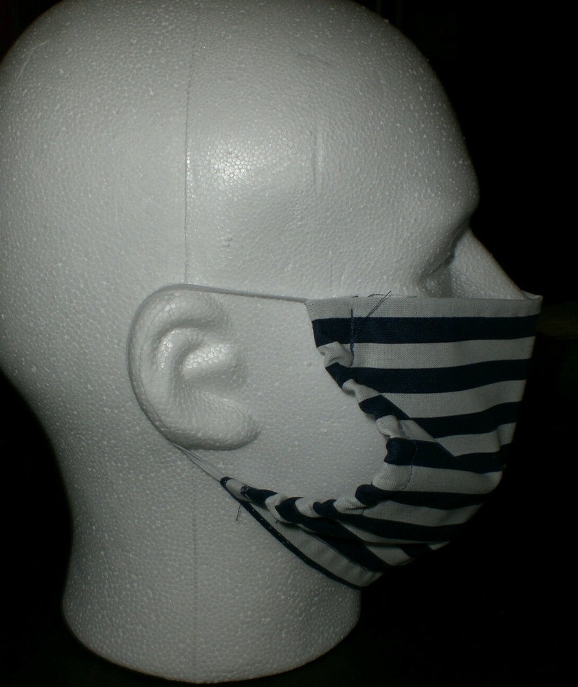Face Mask Navy Blue White Stripe Pattern Covering 100% Cotton Washable Reusable