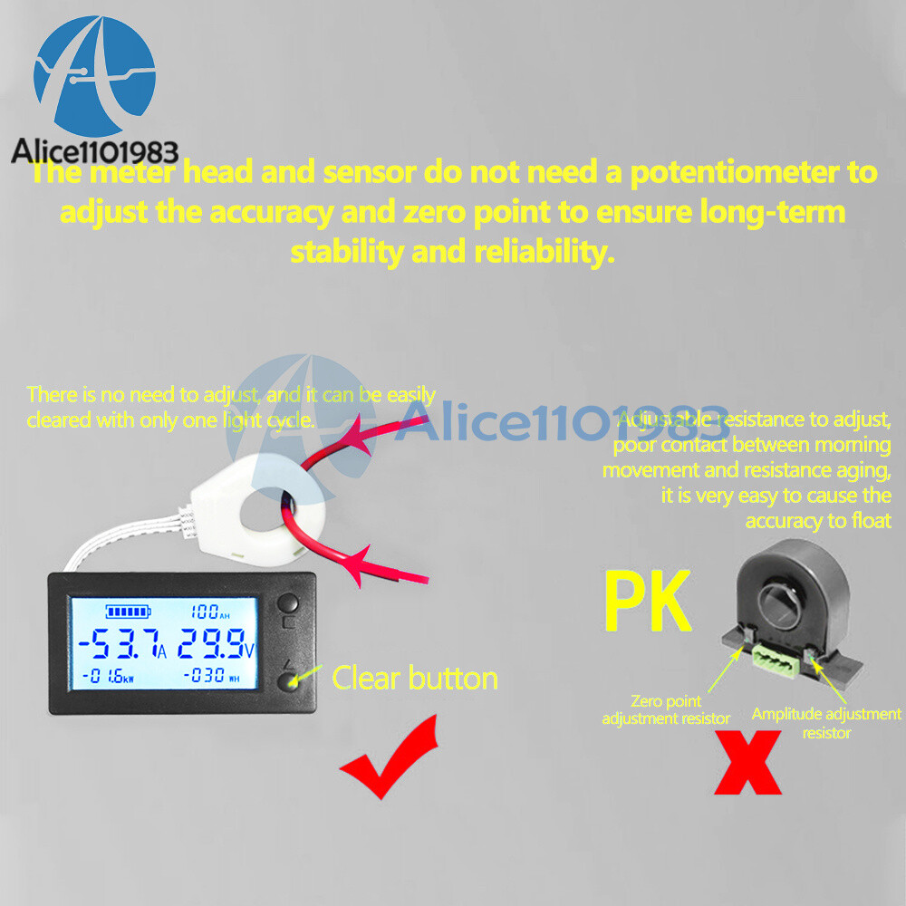 DC 0-300V 50A/100/200/400A LCD Hall Effect Coulometer Voltmeter Ammeter Sensor