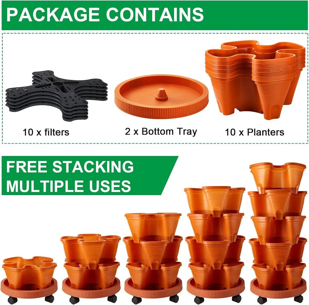 2 Set 5 Tier Stackable Planters Vertical Garden Pots with Wheels Indoor Outdoor