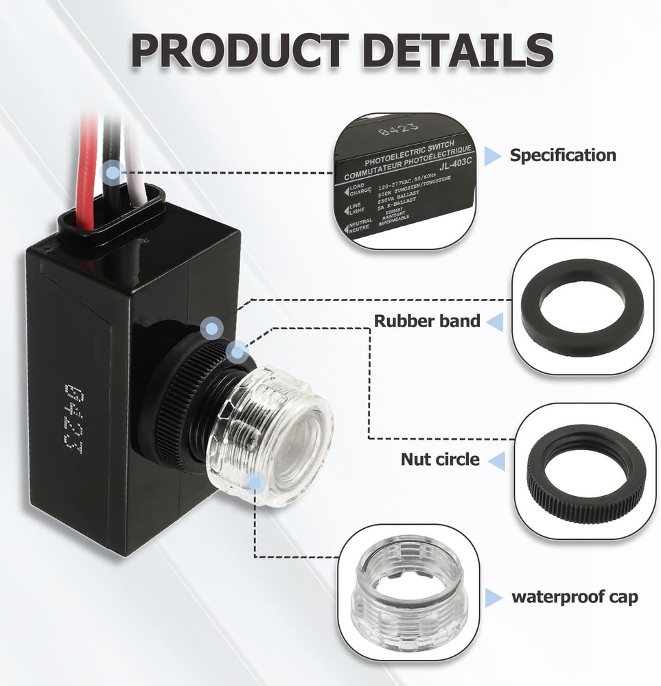 Outdoor Hard-Wired Post Light Control w/ Photocell Sensor Direct Wire-in