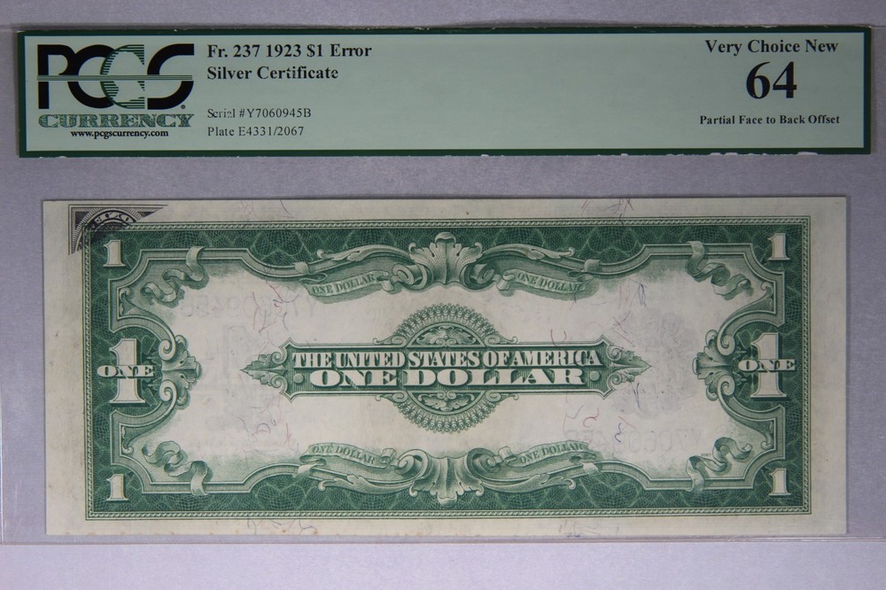 ERROR 1923 $1 One Dollar Silver Certificate Note Fr#237 PMG 64 Offset
