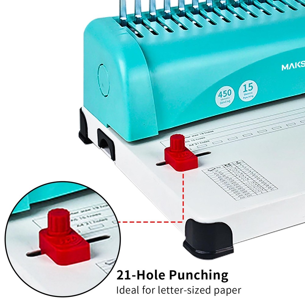 Comb Binding Machine, 21-Hole, 450 Sheets Capacity, Punch up to 15 Sheets,Pun...