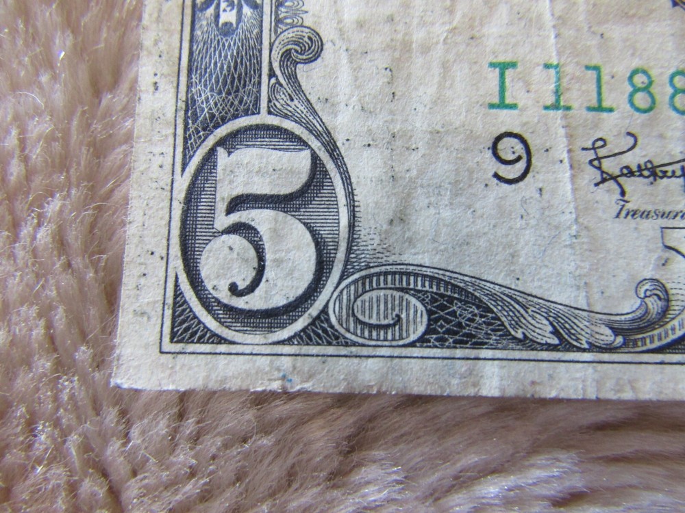 1963 $5 bill offcut with printing error