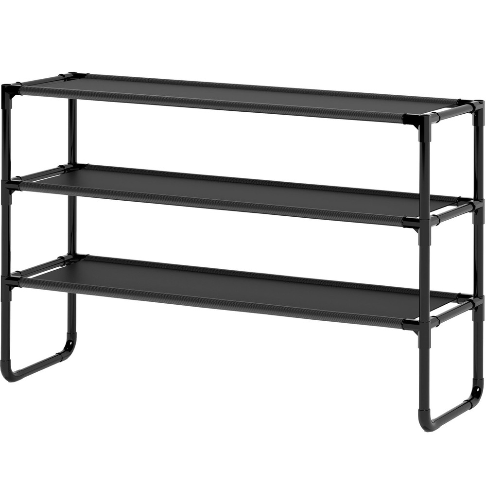 COAPUKT Long Shoe Rack, 3-Tier Stackable Organizer for 3-Black, Black