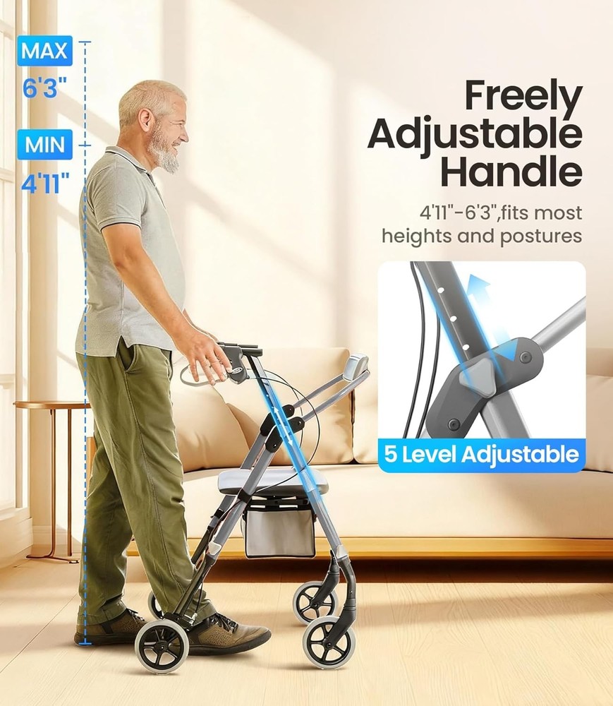 Rollator Walker for Seniors with Seat, Foldable, Adjustable Height, 380lbs