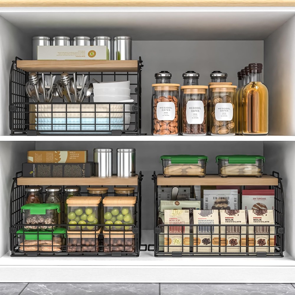 2 Set Stackable Wire Basket with Openable Top, Kitchen Counter, Pantry Organi...