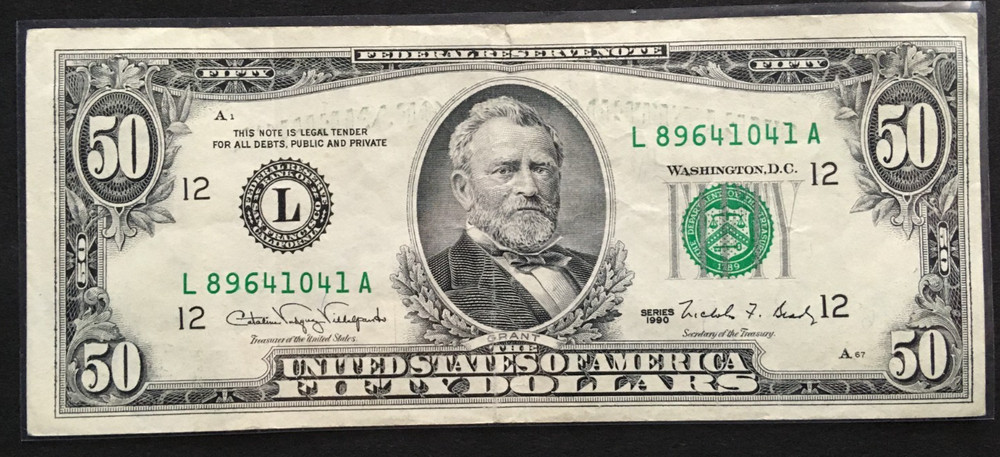 1990 $50 Bill Partial Ink Transfer Error Note wet ink Back to Front