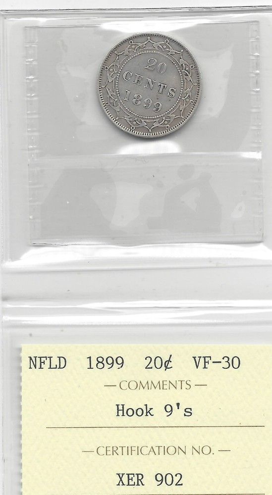 1899 Hook 9's**, ICCS Graded, Newfoundland Twenty Cent, **VF-30**