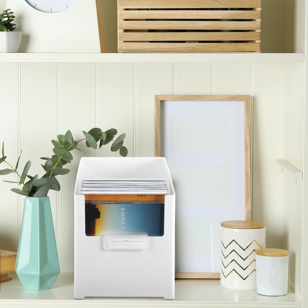 White CD Storage Box, Holds 27 CDs, Plastic Stackable Organizer, DVD Holder