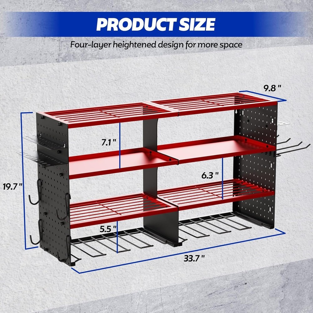 Large Power Tool Organizer Wall Mount, 4 Layer Storage Rack with 8 Drill