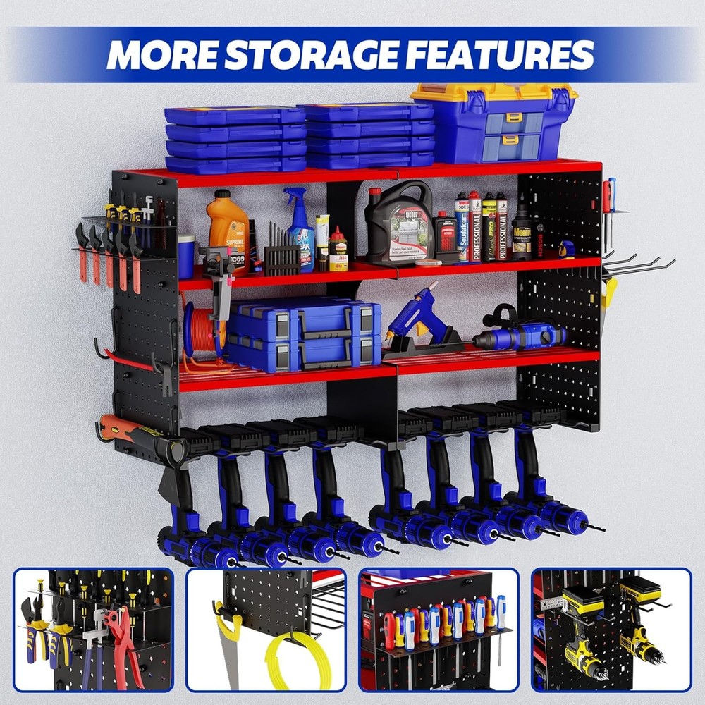 Large Power Tool Organizer Wall Mount, 4 Layer Storage Rack with 8 Drill