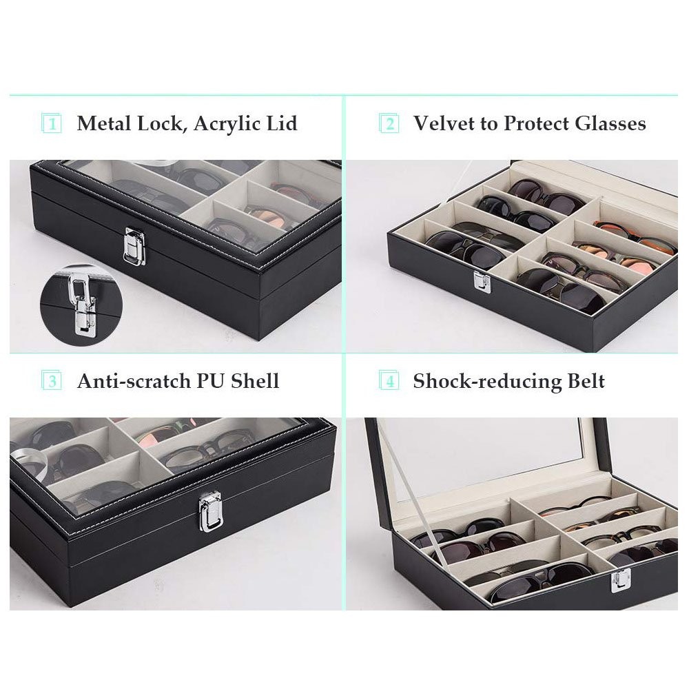 8 Slots Eyeglass Sunglass Storage Box PU Leather Glasses Display Case Organizer