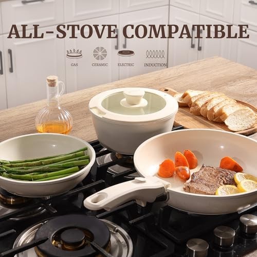 8pcs Non-Stick Ceramic Cookware Set, Detachable Handle, Oven Safe, Induction Rea