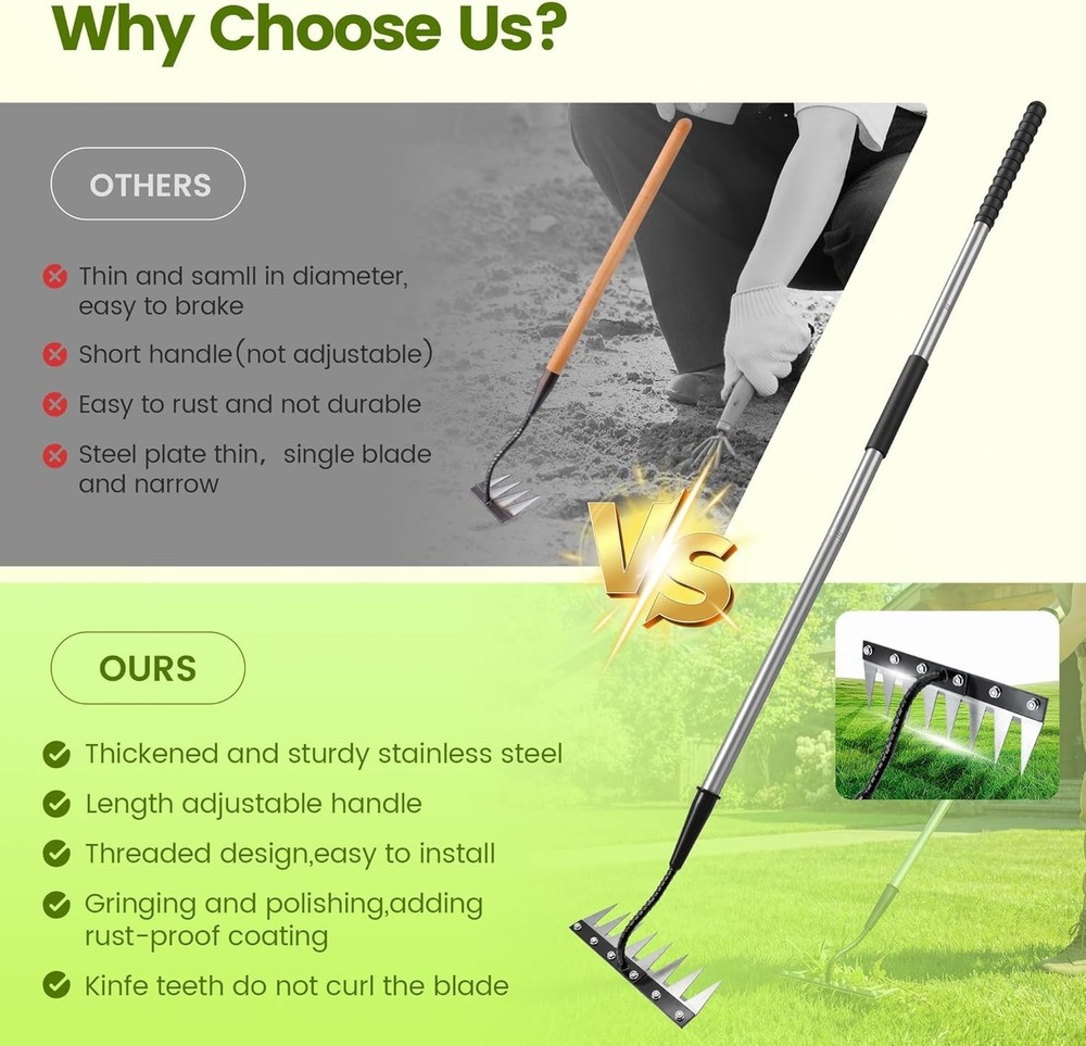 Iron Weeding Rake with Long Handle - Upgraded 8 Teeth Weed Puller Tool, Heavy