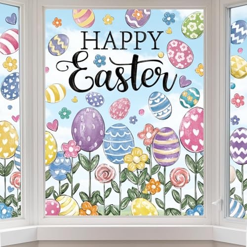 6 Sheets Large Easter Window Clings Happy Easter Eggs Window Eggs with Flower