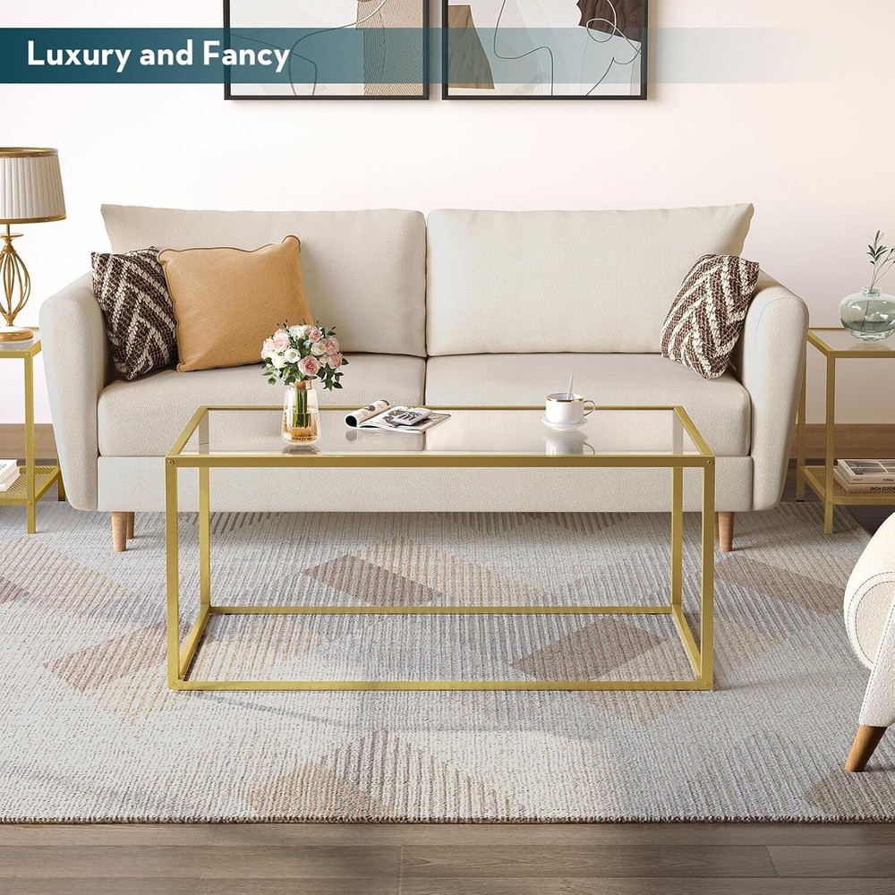 SAYGOER Gold Coffee Table Glass Tables Modern Rectangular Center
