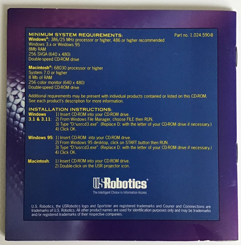 U.S. Robotics Connections CD-ROM vol 3 Drivers + Tools Manual & Software 1996