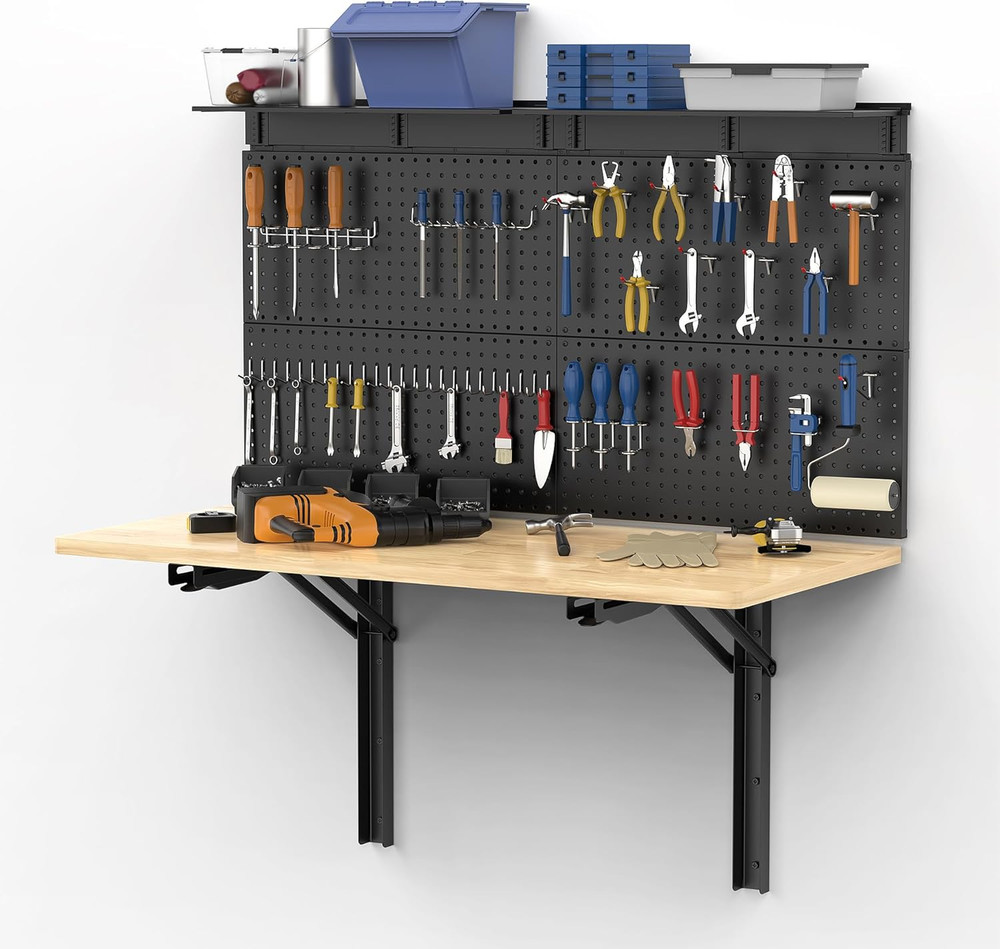 Wall Mounted Workbench with Pegboard, Folding down Work Table Metal Pegboard Wal