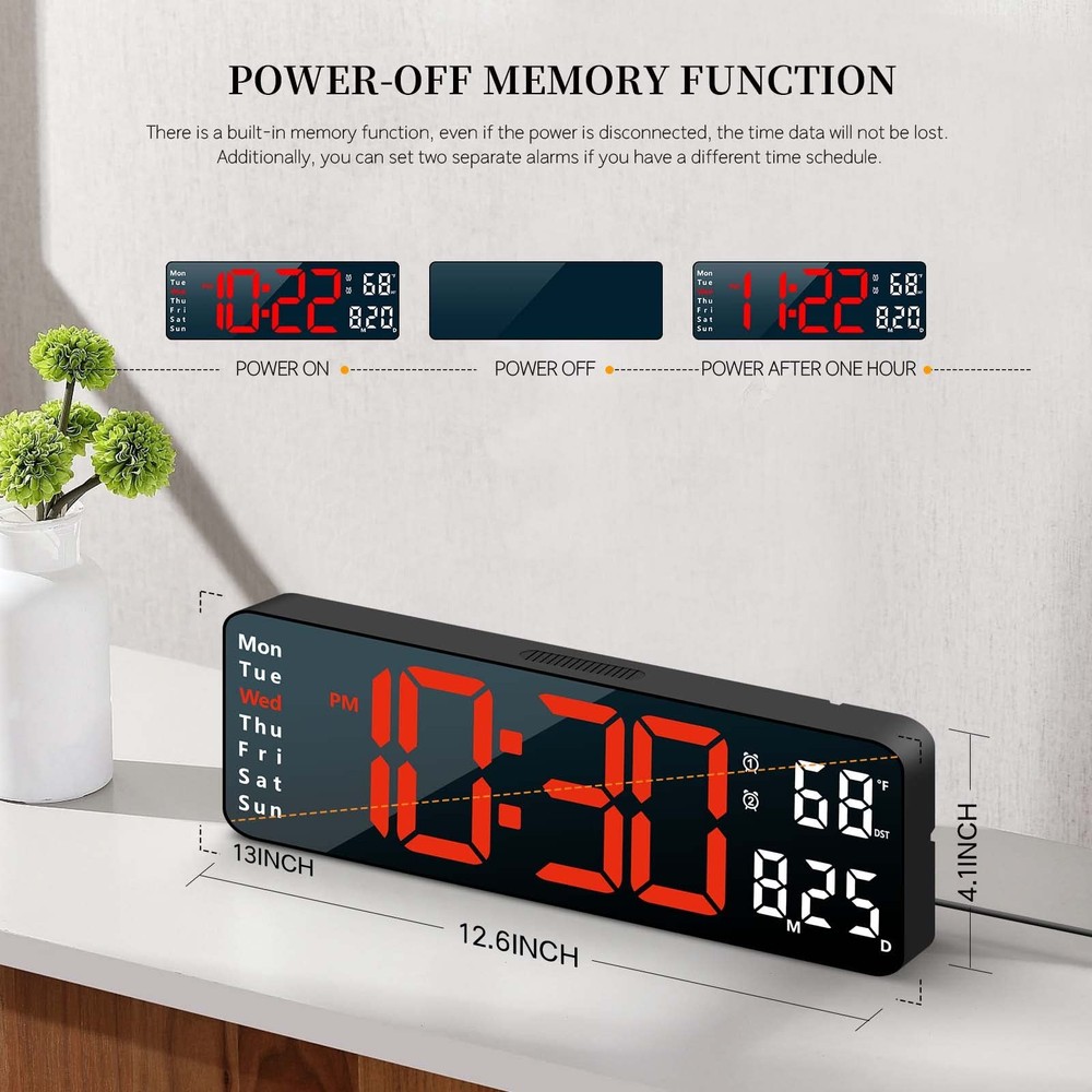 Large Digital Wall Alarm Clock with Remote Control Date Temperature Week