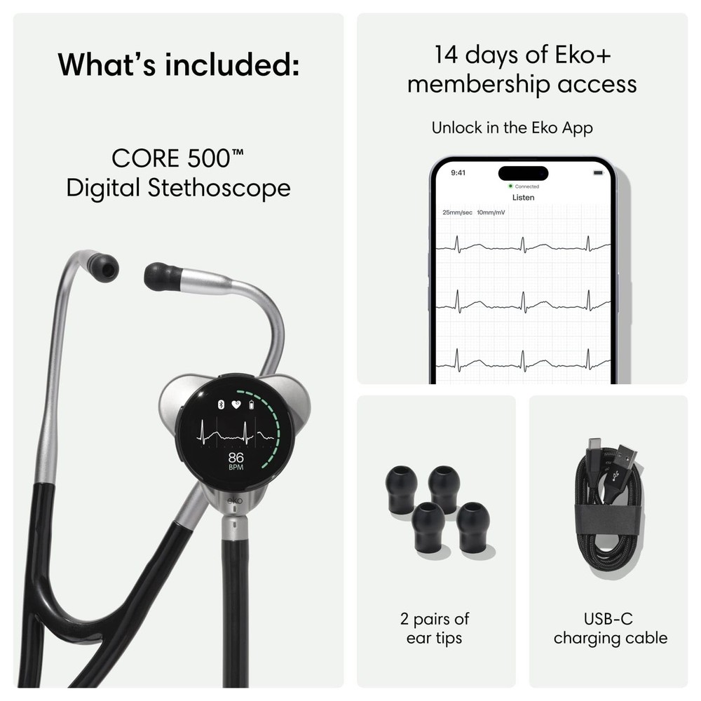 Eko CORE 500™ Digital Stethoscope — 40x Amplification, Active Noise Silver
