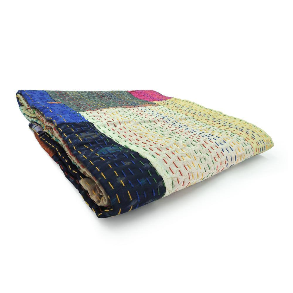 Faith Multicolored Patchwork Hand-Stitched All Natural Cotton Blend Throw Blanke