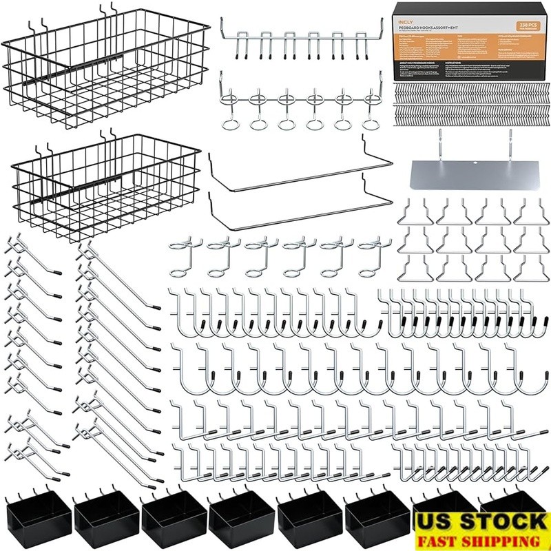 Pegboard Hooks Set 238pcs Organizer Accessories Garage Workshop Storage Tools US