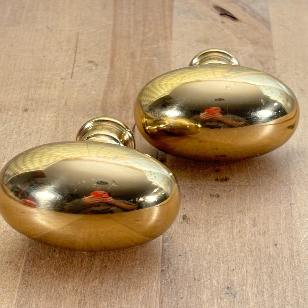 Pair of Antique Heavy Solid Brass Doorknobs, Egg Shape, 2.5"l
