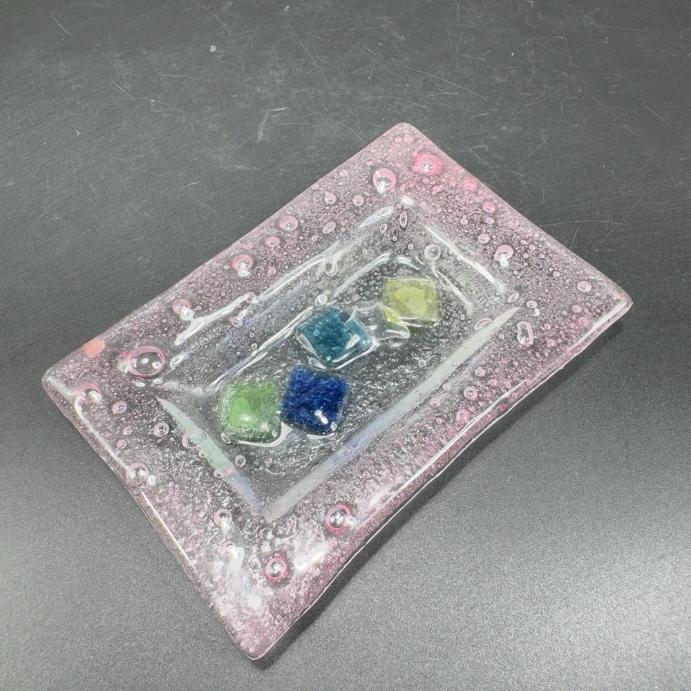 Vintage Hand Made Rectangular Trinket Dish Holder Container Plate Pink Bubbles