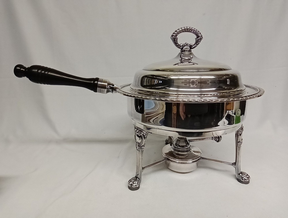 1970s Sheffield Silversmith 5-pc Silver Plate Claw Foot Platform Chafing Dish