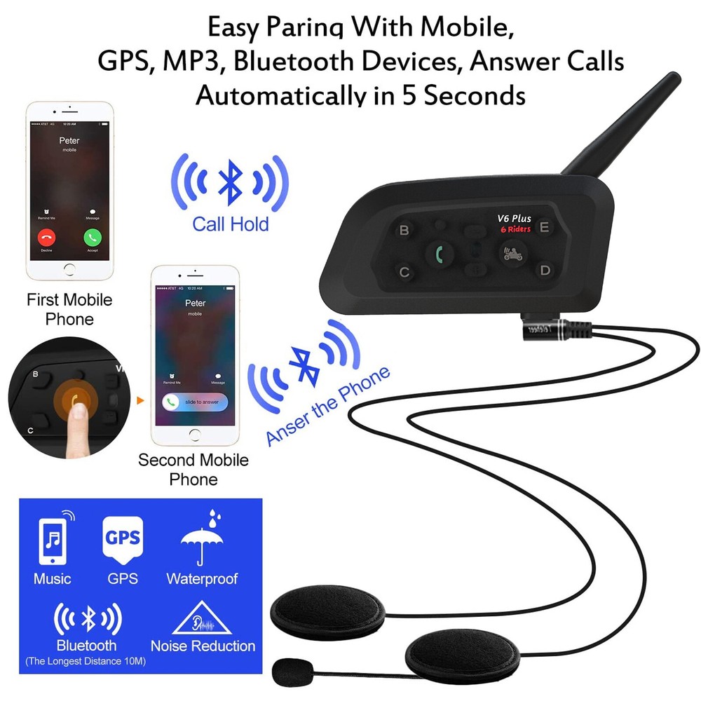 A pair V6 Pro Motorcycle Helmet Bluetooth Headset 6 Riders Communication System