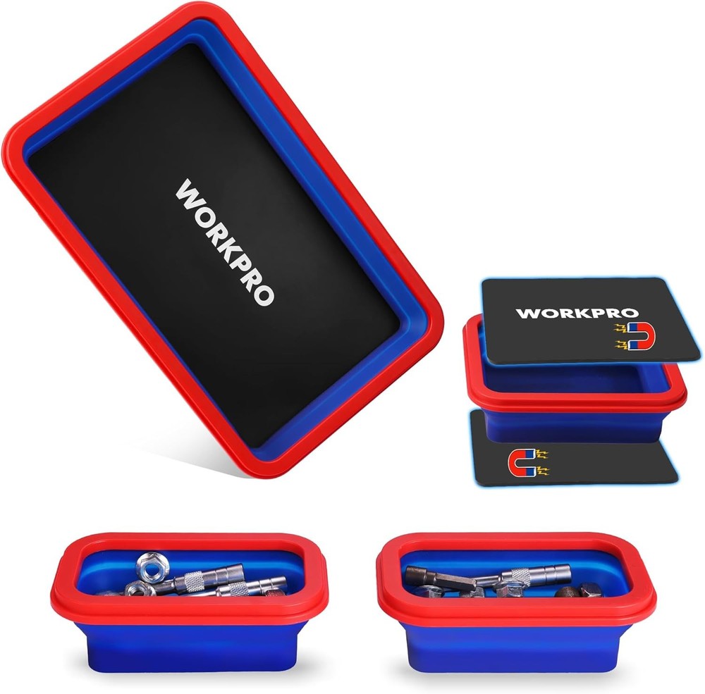 WORKPRO 4PC Double-Sided Collapsible Magnetic Part Tray Set Foldable Magnet Bowl